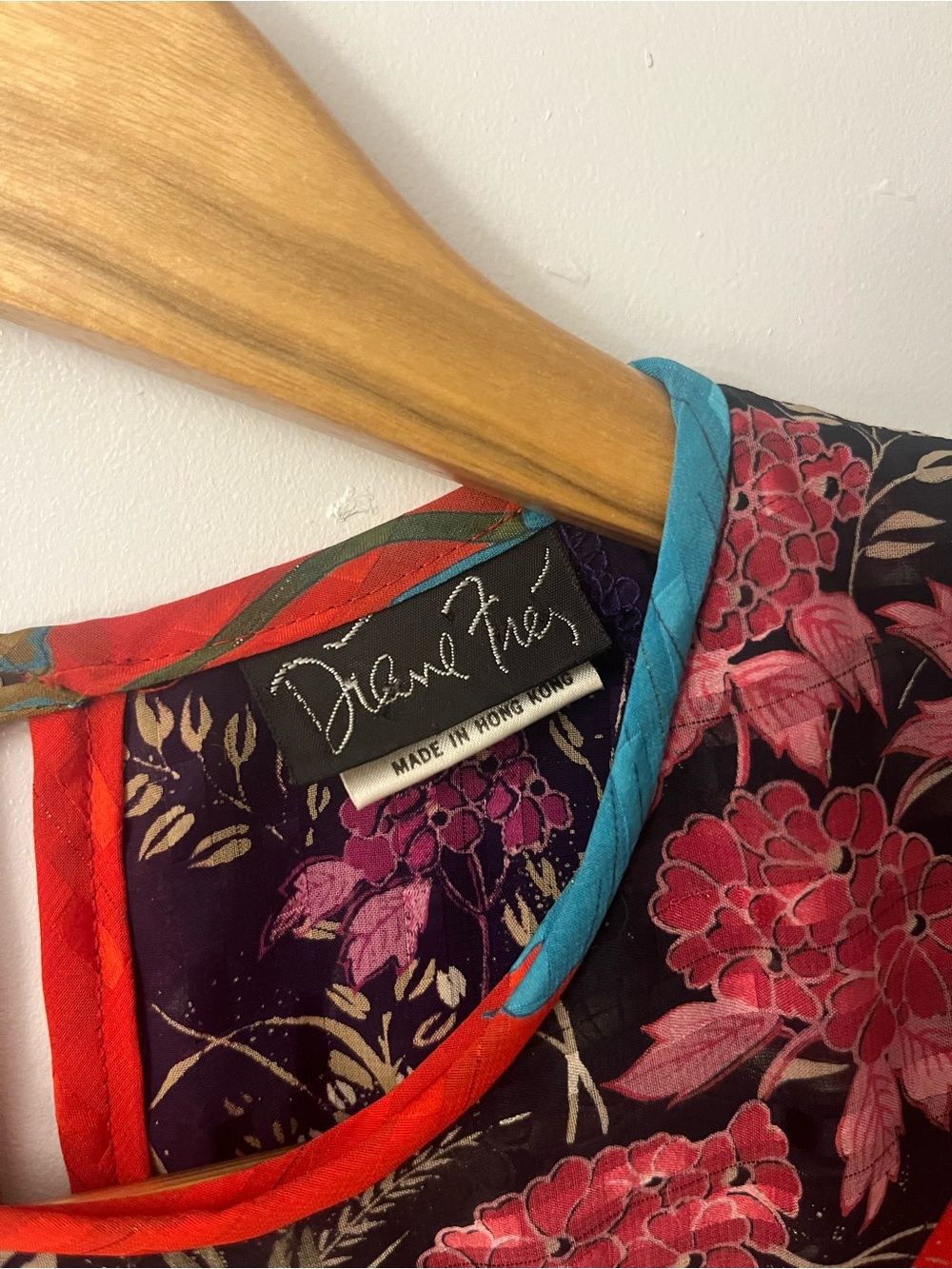 Vintage Sheer Purple Floral Maxi Dress with Pink Blooms and Red Trim - Picture 3 of 5